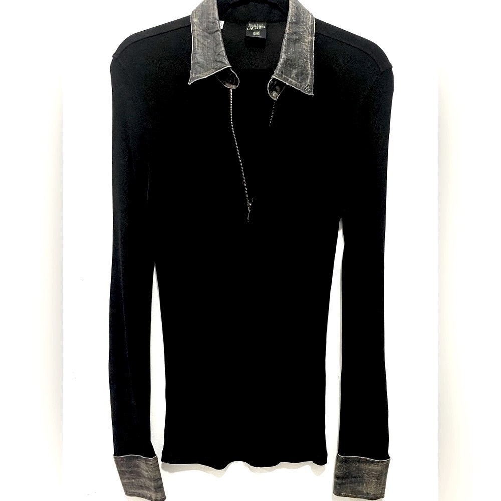 JEAN PAUL GAULTIER HOMME Sheer Black Slim Shirt Zipper Leather Collar/Cuffs S - Picture 2 of 13